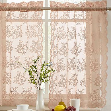 HLC.ME Jolene Floral Rod Pocket Lace Sheer Short Cafe Tiers Small Windows - 28 x 24 in each, Pair