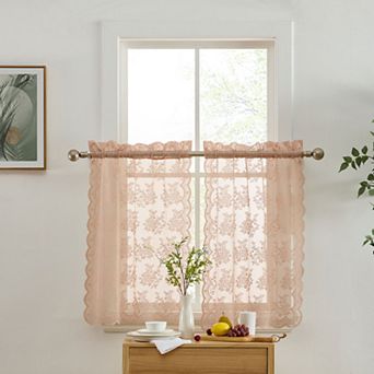 HLC.ME Jolene Floral Rod Pocket Lace Sheer Short Cafe Tiers Small Windows - 28 x 24 in each, Pair