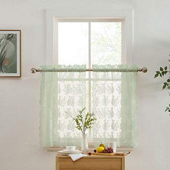 HLC.ME Jolene Floral Rod Pocket Lace Sheer Short Cafe Tiers Small Windows - 28 x 24 in each, Pair