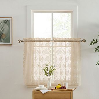 HLC.ME Jolene Floral Rod Pocket Lace Sheer Short Cafe Tiers Small Windows - 28 x 24 in each, Pair