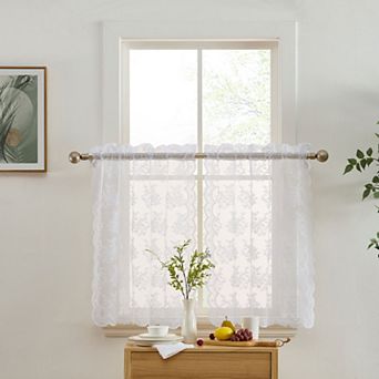 HLC.ME Jolene Floral Rod Pocket Lace Sheer Short Cafe Tiers Small Windows - 28 x 24 in each, Pair