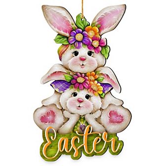 Set of 2 Handcrafted Easter Tree Ornament Wooden Bunny Decor - Spring Accent by J. Mills-Price
