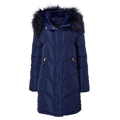 Sportoli Women Quilted Long Winter Coat Faux Fur Trim Plush Lined Hood Puffer Jackets