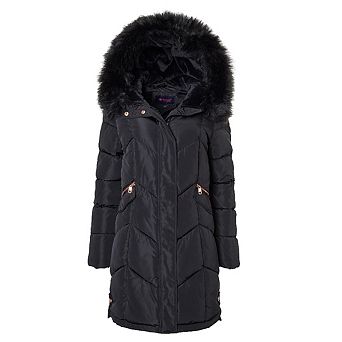 Women Quilted Long Winter Coat Faux Fur Trim Plush Lined Hood Puffer Jackets