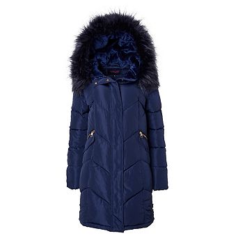 Women Quilted Long Winter Coat Faux Fur Trim Plush Lined Hood Puffer Jackets