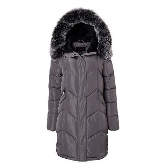 Women Quilted Long Winter Coat Faux Fur Trim Plush Lined Hood Puffer Jackets