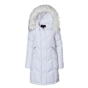 Women Quilted Long Winter Coat Faux Fur Trim Plush Lined Hood Puffer Jackets