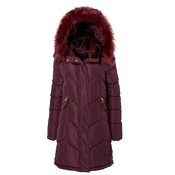Women Quilted Long Winter Coat Faux Fur Trim Plush Lined Hood Puffer Jackets