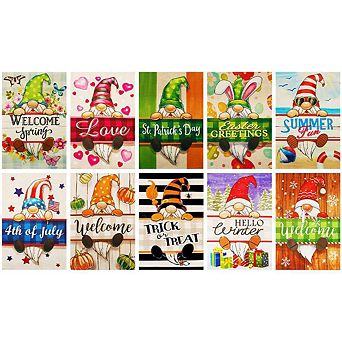 G128 12x18 in Holiday Gnomes Set 10 pc Garden Flag Double Sided All Season Garden Decoration