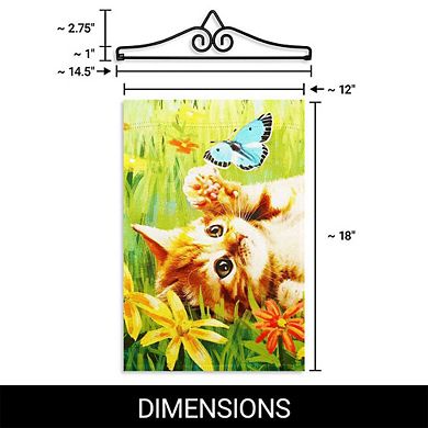 G128 Garden Flag Hanger 14IN & Garden Flag 12x18 IN Kitten Butterfly Flowers Double Sided
