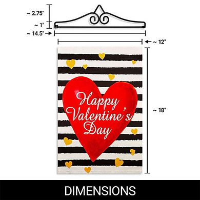 G128 Garden Flag Hanger 14IN & Garden Flag 12x18 IN Happy Valentine's Day Striped Heart