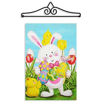 G128 Garden Flag Hanger 14 in & Garden Flag 12x18 in Happy Easter White Bunny Double Sided