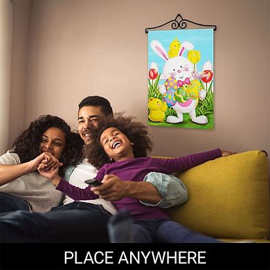 G128 Garden Flag Hanger 14IN & Garden Flag 12x18 IN Happy Easter White Bunny Double Sided