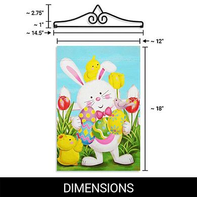 G128 Garden Flag Hanger 14IN & Garden Flag 12x18 IN Happy Easter White Bunny Double Sided