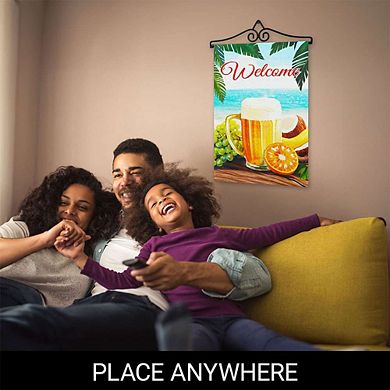 G128 Garden Flag Hanger 14IN & Garden Flag 12x18 IN Welcome Beach Drink Double Sided
