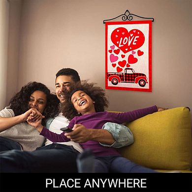G128 Garden Flag Hanger 14IN & Garden Flag 12x18 IN Happy Valentine's Day Love Truck Double Sided