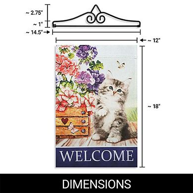G128 Garden Flag Hanger 14IN & Garden Flag 12x18 IN Welcome Kitten Flowers Double Sided