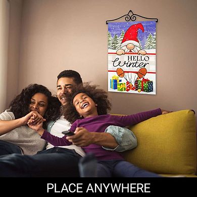 G128 Garden Flag Hanger 14IN & Garden Flag 12x18 IN Hello Winter Gnome Gifts Double Sided