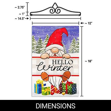 G128 Garden Flag Hanger 14IN & Garden Flag 12x18 IN Hello Winter Gnome Gifts Double Sided