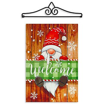 G128 Garden Flag Hanger 14 in & Garden Flag 12x18 in Christmas Welcome Gnome Double Sided