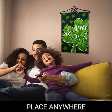 G128 Garden Flag Hanger 14IN & Garden Flag 12x18 IN Happy St. Patrick's Day Plaid Shamrock