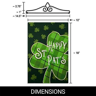 G128 Garden Flag Hanger 14IN & Garden Flag 12x18 IN Happy St. Patrick's Day Plaid Shamrock