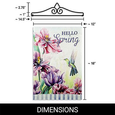 G128 Garden Flag Hanger 14IN & Garden Flag 12x18 IN Hello Spring Hummingbird Double Sided