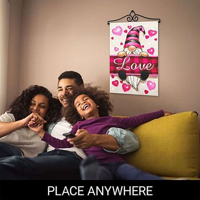 G128 Garden Flag Hanger 14IN & Garden Flag 12x18 IN Happy Valentine's Day Love Gnome Double Sided