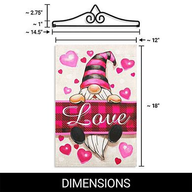 G128 Garden Flag Hanger 14IN & Garden Flag 12x18 IN Happy Valentine's Day Love Gnome Double Sided