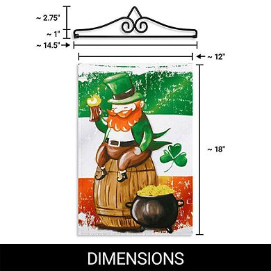 G128 Garden Flag Hanger 14IN & Garden Flag 12x18 IN Happy St. Patrick's Day Leprechaun Barrel