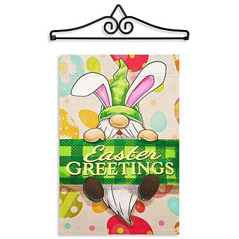 G128 Garden Flag Hanger 14 in & Garden Flag 12x18 in Happy Easter Gnome Greetings Double Sided