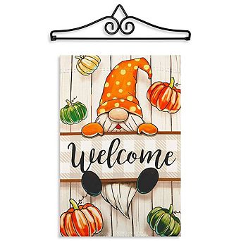 G128 Garden Flag Hanger 14 in & Garden Flag 12x18 in Autumn Welcome Gnome Double Sided