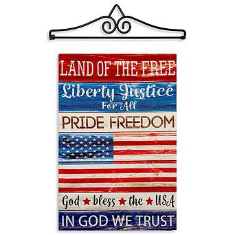 G128 Garden Flag Hanger 14 in & Garden Flag 12x18 in Land of the Free Liberty Double Sided