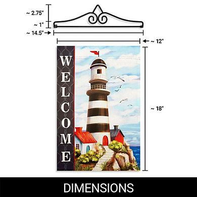 G128 Garden Flag Hanger 14IN & Garden Flag 12x18 IN Welcome Lighthouse Beach Double Sided