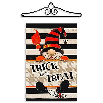 G128 Garden Flag Hanger 14 in & Garden Flag 12x18 in Halloween Trick Treat Gnome Double Sided