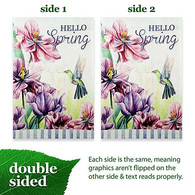G128 12x18IN Hello Spring Hummingbird Flowers Garden Flag Double Sided Spring Garden Decoration