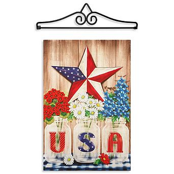 G128 Garden Flag Hanger 14 in & Garden Flag 12x18 in American Star Flowers