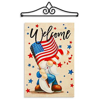 G128 Garden Flag Hanger 14 in & Garden Flag 12x18 in Welcome Patriotic Gnome Double Sided