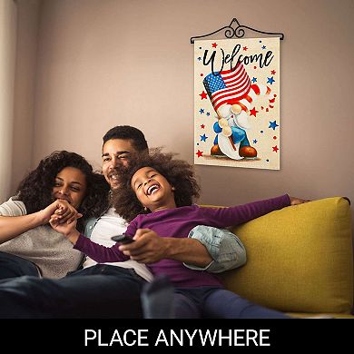 G128 Garden Flag Hanger 14IN & Garden Flag 12x18 IN Welcome Patriotic Gnome Double Sided