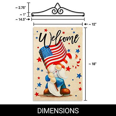 G128 Garden Flag Hanger 14IN & Garden Flag 12x18 IN Welcome Patriotic Gnome Double Sided