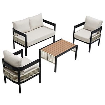 Merax Multi-person Outdoor Iron Sofa Set with A table, Rattan Decoration, Suitable for Garden