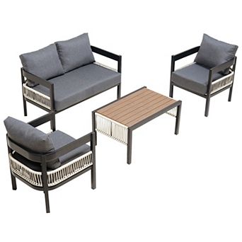 Merax Multi-person Outdoor Iron Sofa Set with A table, Rattan Decoration, Suitable for Garden