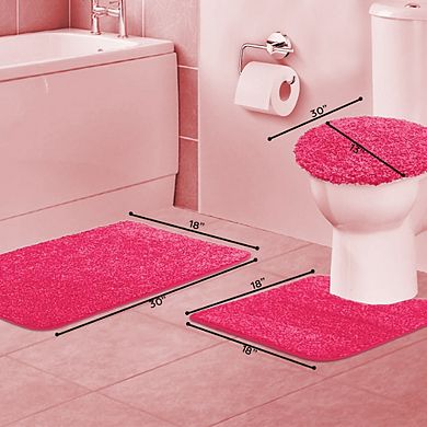 Layla 3 Piece Shaggy Bathroom Rug Set, Bath Mat, Contour Rug, Standard Toilet Lid Cover, Non-Slip