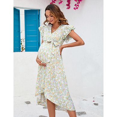 Women's Maternity V-Neck Wrap Dress Hi-Low Midi Tie Nursing Breastfeeding Dress with Belted