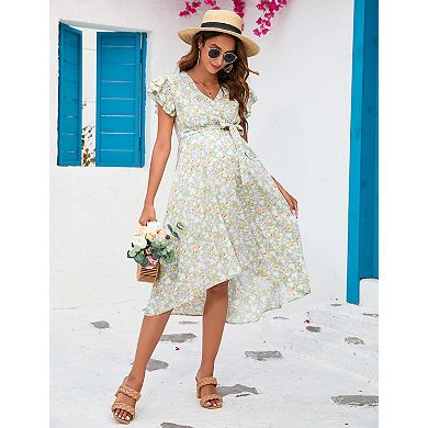 Women's Maternity V-Neck Wrap Dress Hi-Low Midi Tie Nursing Breastfeeding Dress with Belted