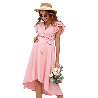 Women's Maternity V-Neck Wrap Dress Hi-Low Midi Tie Nursing Breastfeeding Dress with Belted