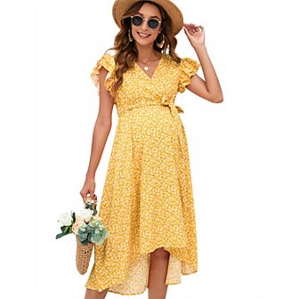 Women's Maternity V-Neck Wrap Dress Hi-Low Midi Tie Nursing Breastfeeding Dress with Belted