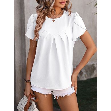 Womens Fashion Petal Short Sleeve T Shirts Pleated Front Tunic Blouses Casual Dressy Clothes