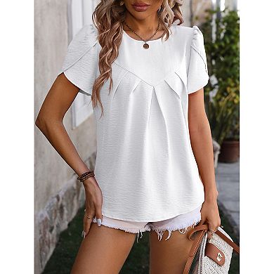 Womens Fashion Petal Short Sleeve T Shirts Pleated Front Tunic Blouses Casual Dressy Clothes