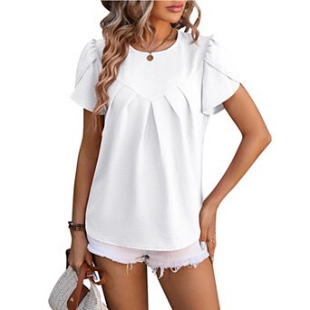 Womens Fashion Petal Short Sleeve T Shirts Pleated Front Tunic Blouses Casual Dressy Clothes